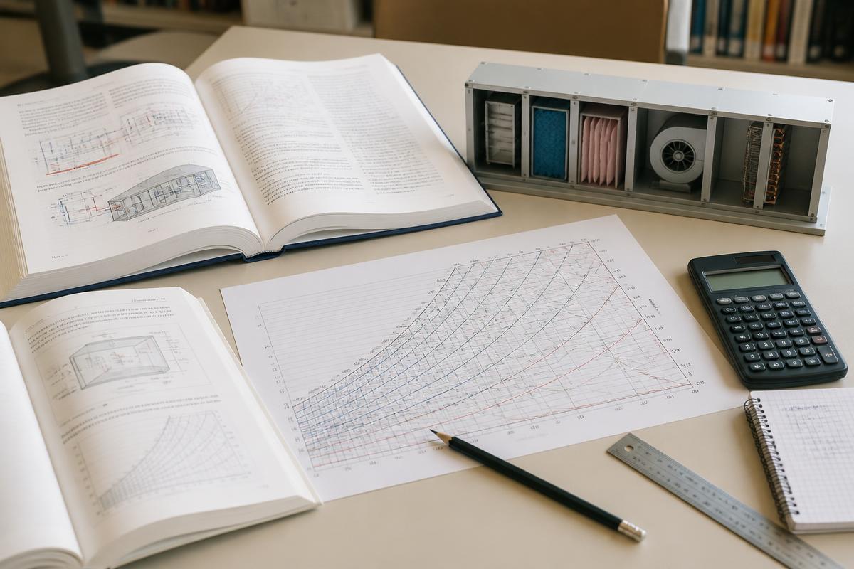 Materiais de estudo de engenharia AVAC: livros técnicos, diagrama psicrométrico e modelo de unidade de tratamento de ar