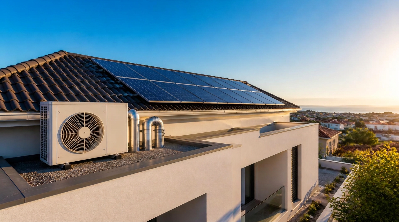 Painéis solares fotovoltaicos e unidade exterior de bomba de calor na cobertura de um edifício