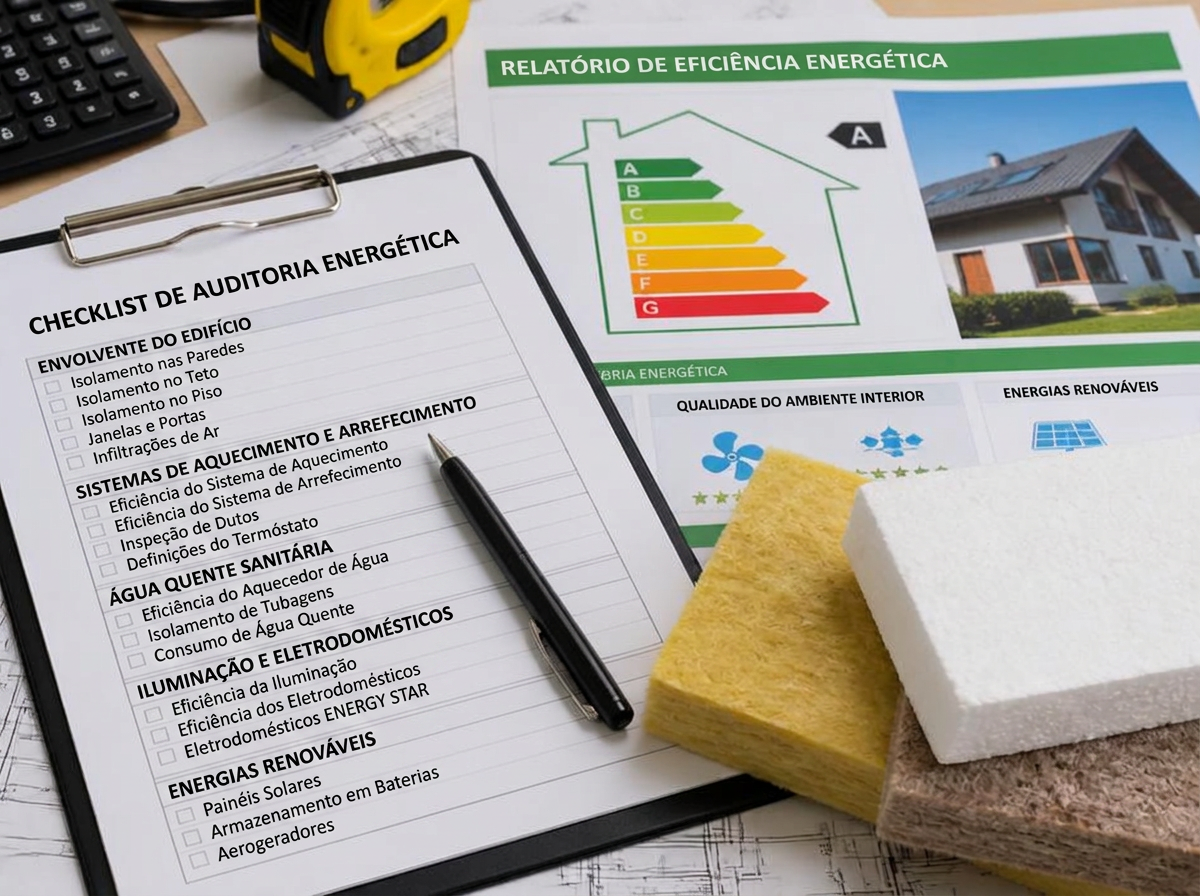 Relatório de auditoria energética com checklist e certificado de eficiência energética
