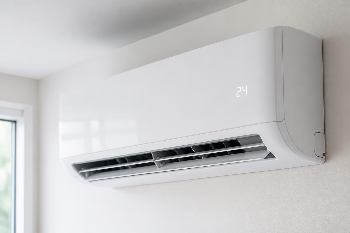 Unidade interior de ar condicionado instalada numa parede de uma sala moderna