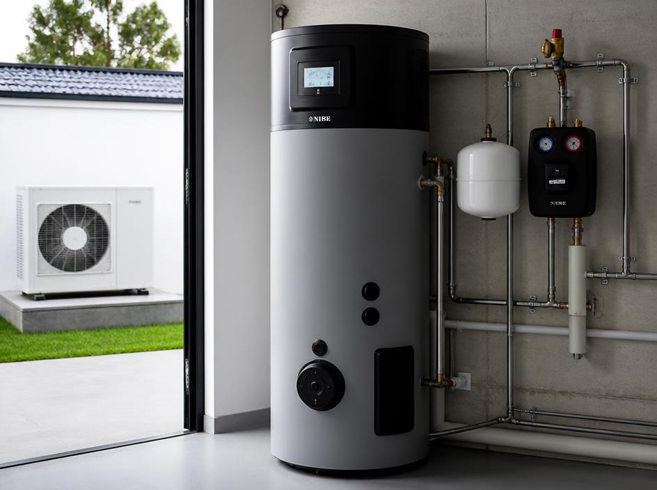 Bomba de calor para água quente sanitária instalada numa sala técnica moderna