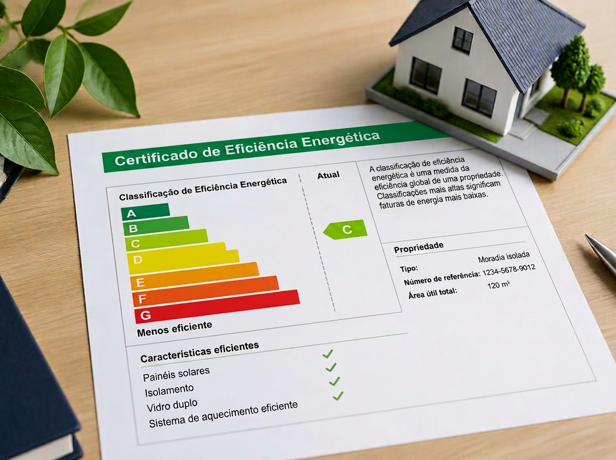 Certificado de eficiência energética com classificação A a G e maquete de casa
