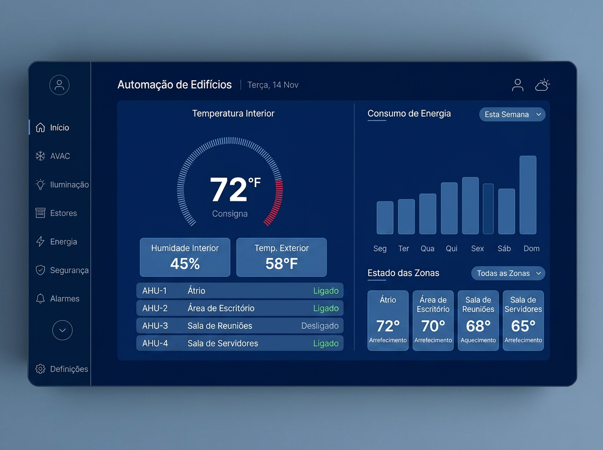Ecrã de controlo e automação de edifícios com gráficos de consumo energético