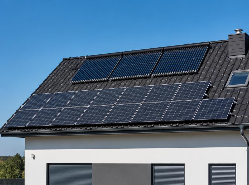 Painéis solares fotovoltaicos e coletores solares térmicos no telhado de uma casa moderna