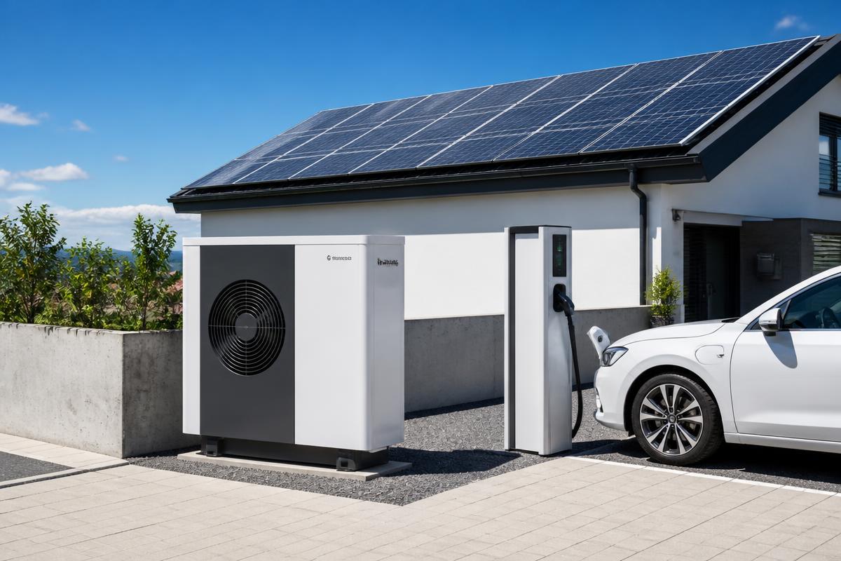 Painéis solares fotovoltaicos, bomba de calor e posto de carregamento de veículo elétrico numa habitação