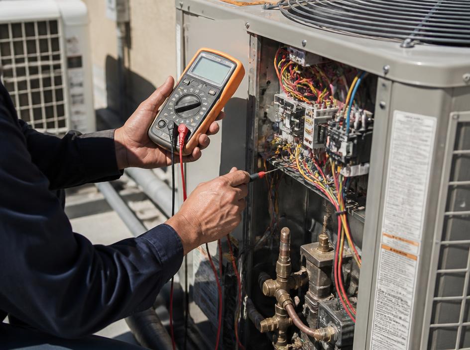 Técnico a diagnosticar uma avaria num equipamento AVAC com multímetro