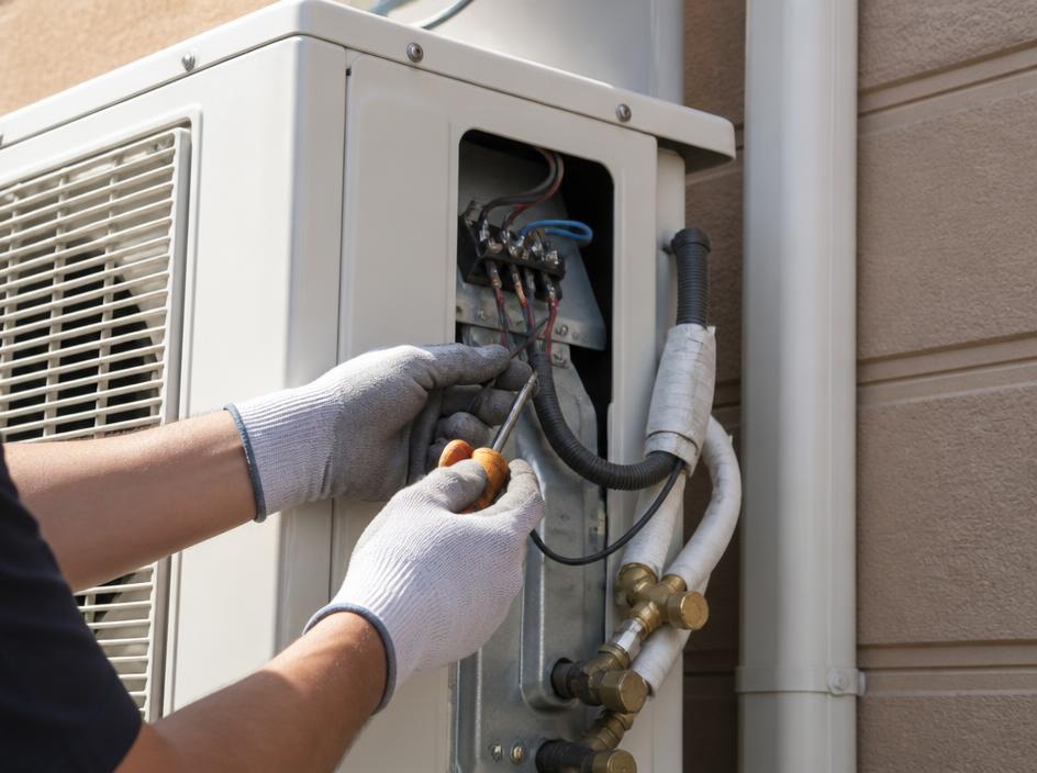Técnico a realizar manutenção preventiva numa unidade exterior de ar condicionado