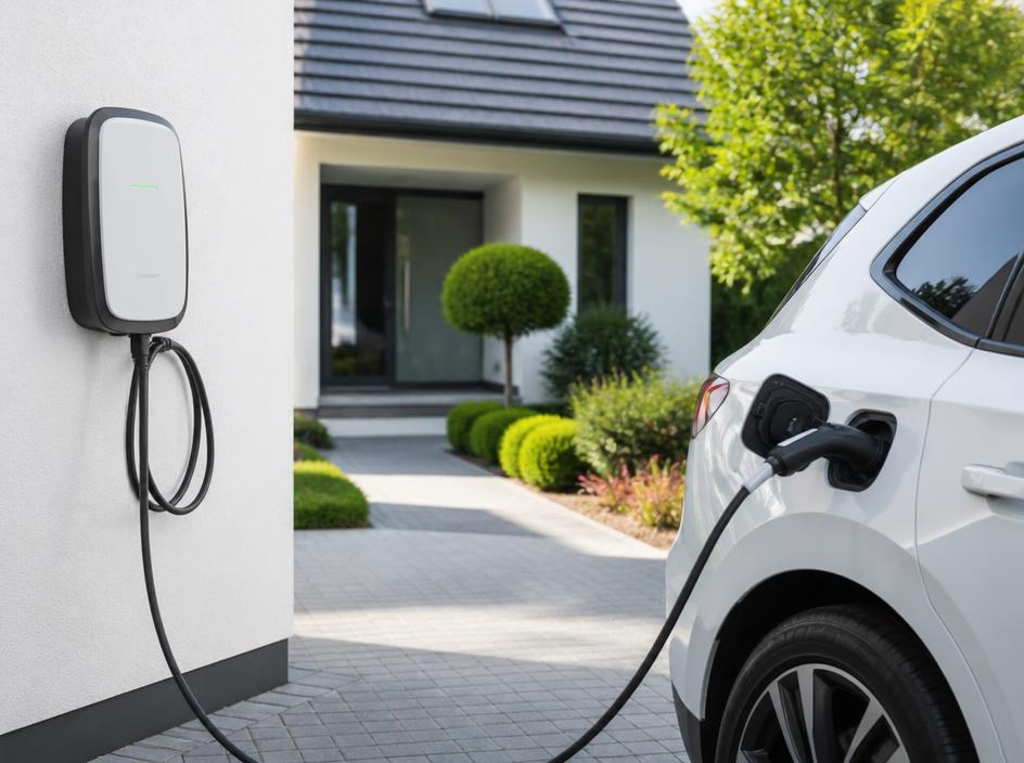 Posto de carregamento de veículo elétrico instalado na entrada de uma habitação