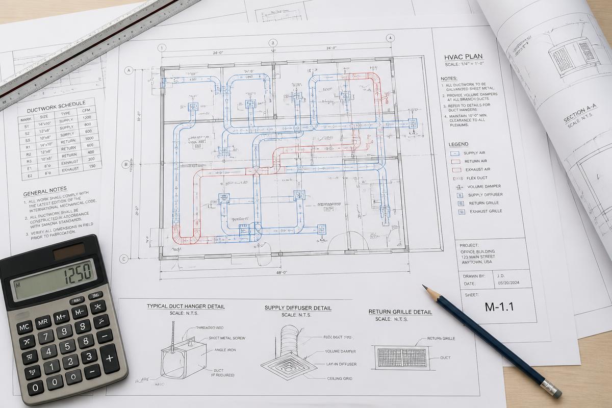 Desenhos técnicos de um projeto de AVAC com régua, calculadora e lápis